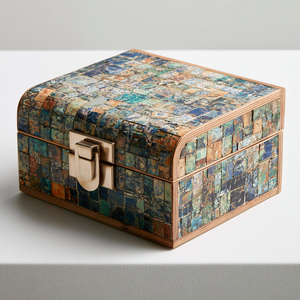 Portagioie - Legno - 19x13x9 cm - blu-turchese-beige-arancione-marrone - vintage