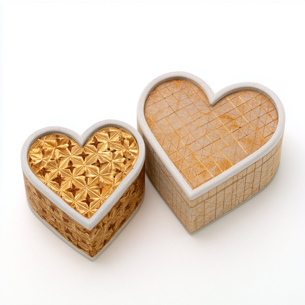 Portagioie - Legno - 16x15x9 cm-12x11x7 cm - bianco-oro-beige - a cuore