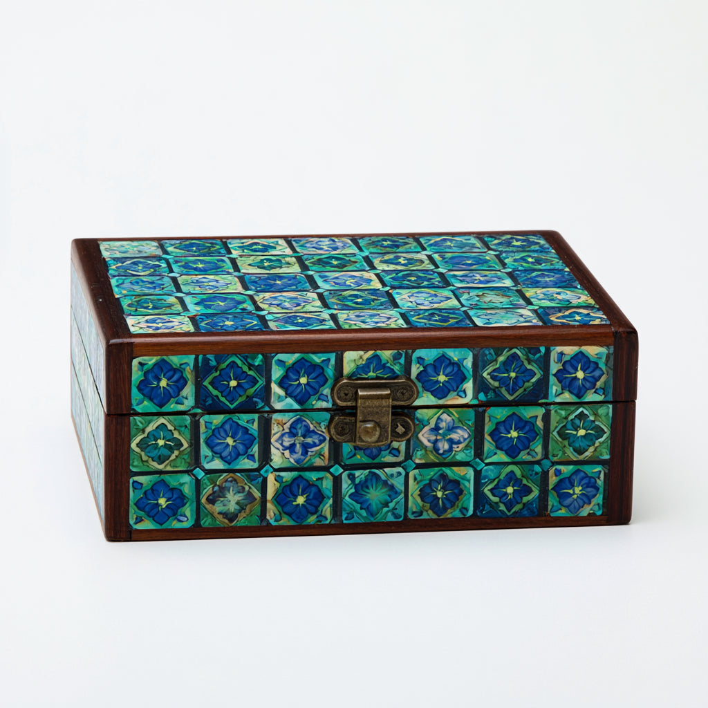 Portagioie - Legno - 22x12x8 cm - marrone-turchese-blu-verde - mosaico