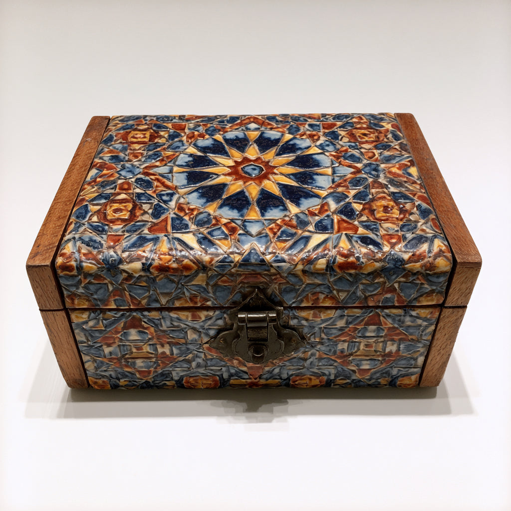 Portagioie - Legno - 21x12x8 cm - blu-marrone-giallo-beige - geometrico