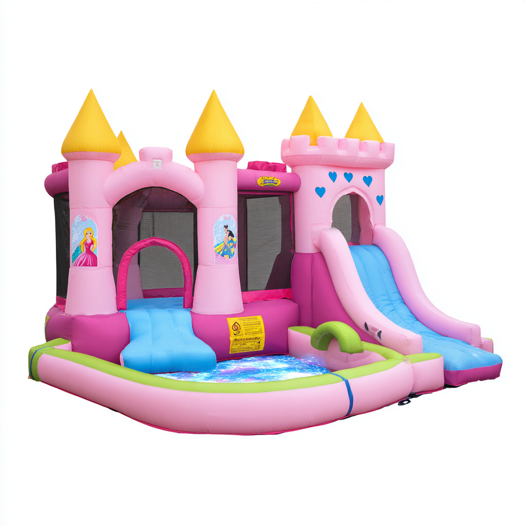 Castelli gonfiabili - PVC - 525x405x290 cm - Rosa-Giallo-Azzurro-Verde - stile principessa