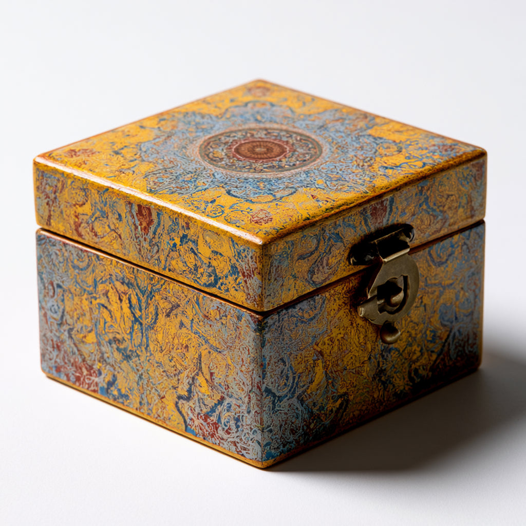 Portagioie - Legno - 14x14x10 cm - giallo-blu-rame-marrone - vintage
