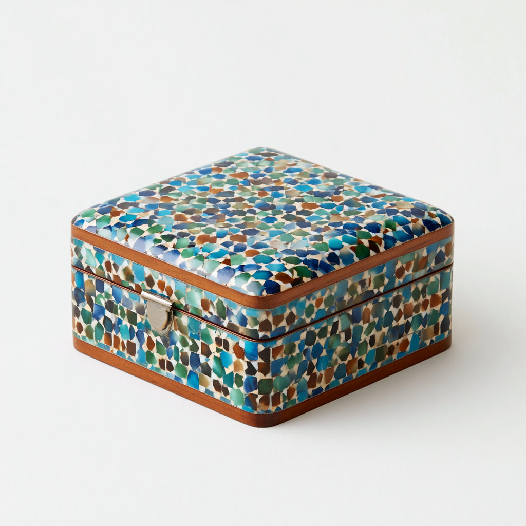 Portagioie - Legno - 18x18x9 cm - turchese-blu-verde-avorio-marrone - mosaico