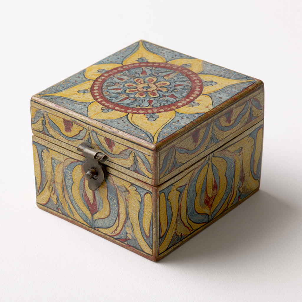 Portagioie - Legno - 11x11x10 cm - giallo-azzurro-rosso-marrone - floreale