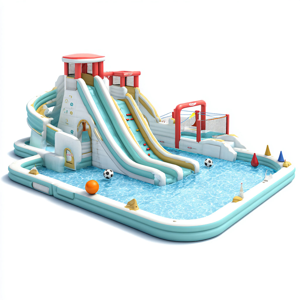Castelli gonfiabili - PVC - 760x560x345 cm - Azzurro-Bianco-Rosso-Giallo - stile parco acquatico