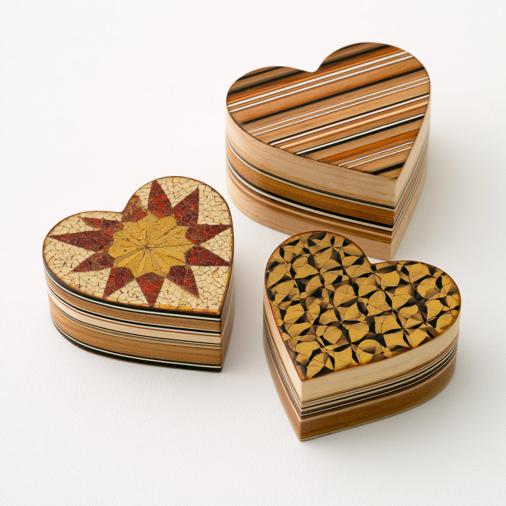 Portagioie - Legno - 16x15x9 cm-13x12x7 cm-12x11x6 cm - marrone-beige-oro-rosso-nero - a cuore