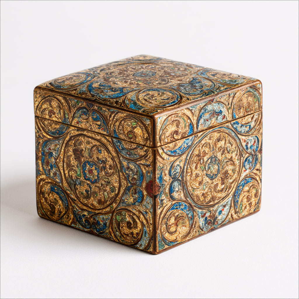 Portagioie - Legno - 14x14x12 cm - oro-azzurro-marrone - vintage