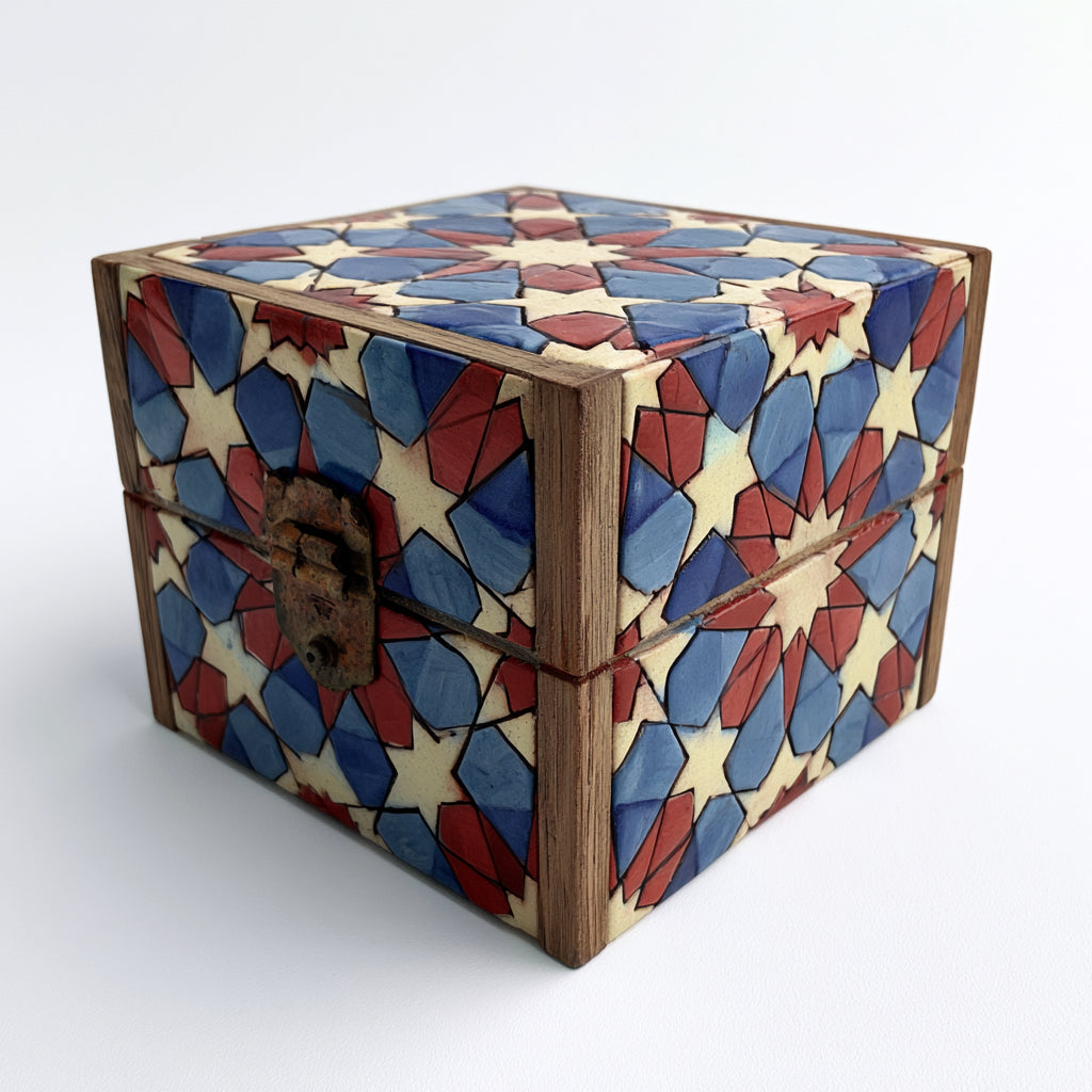 Portagioie - Legno - 14x14x11 cm - blu-rosso-avorio-marrone - geometrico